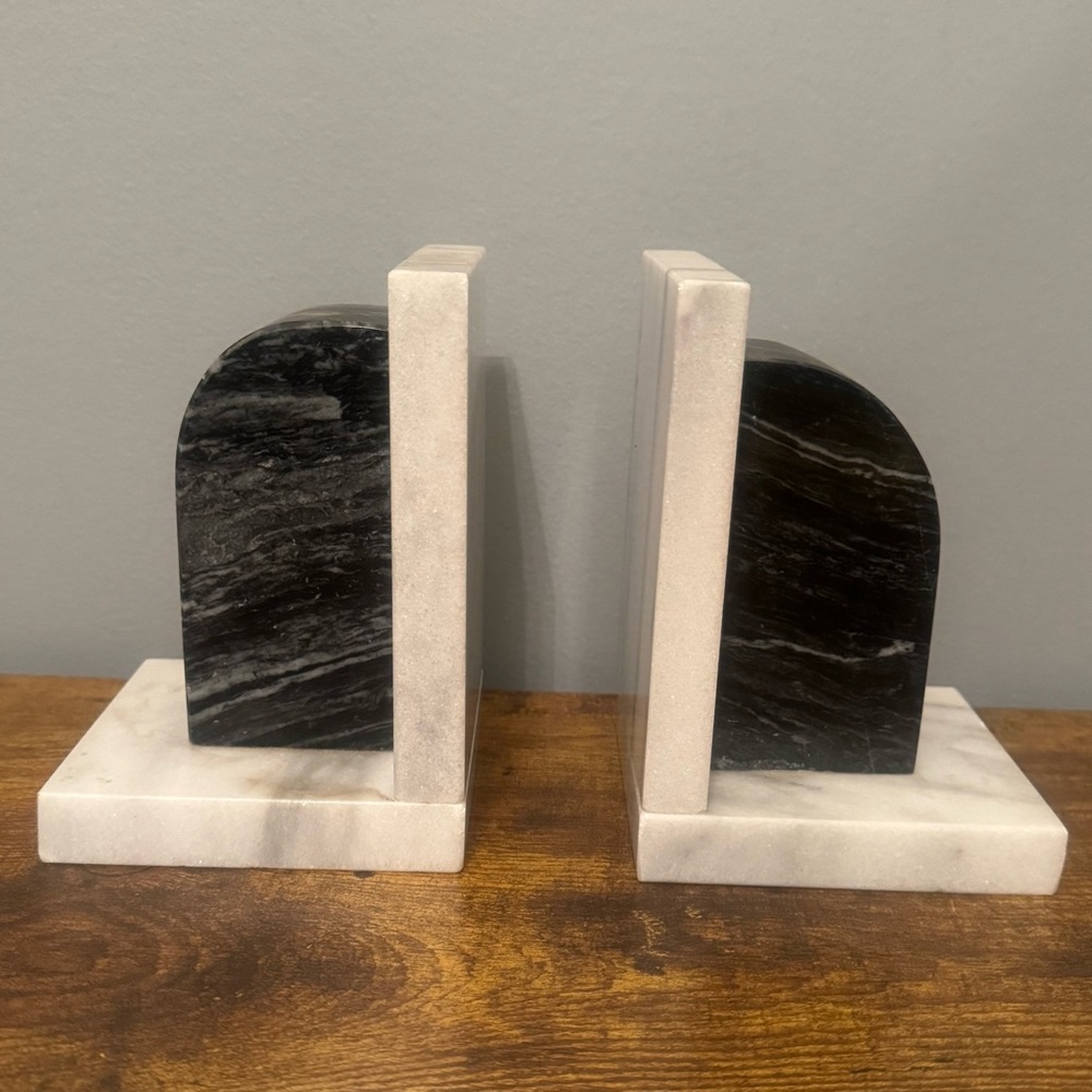 Vintage Black White Marble Bookends Modernist‎ Arch Heavy Stone Decor MCM